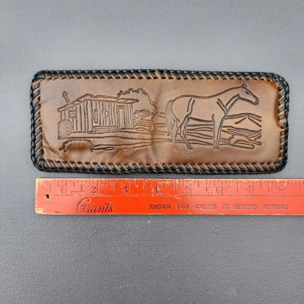 Vintage Hand Tooled Leather Braided Edge Bifold Wallet Horse & Cabin Western